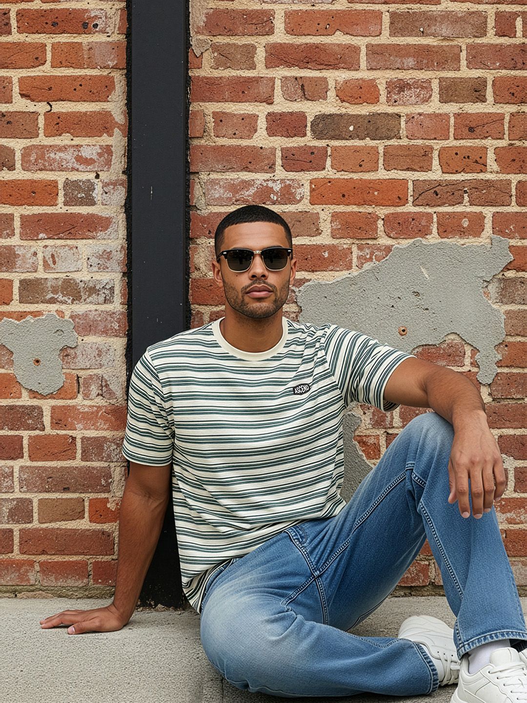 The Roadster Life Co. Horizontal Striped Applique Detail Relaxed Fit T-shirt