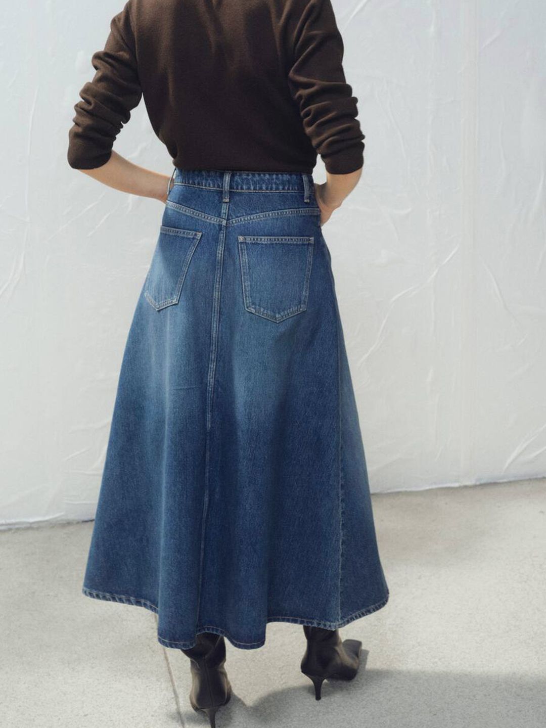 Mid-Rise Washed Flared Denim Midi Skirt