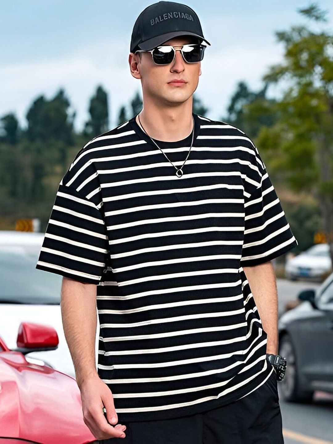 TOGS & TERRE Men Striped Drop-Shoulder Sleeves Organic Cotton Blend T-shirt