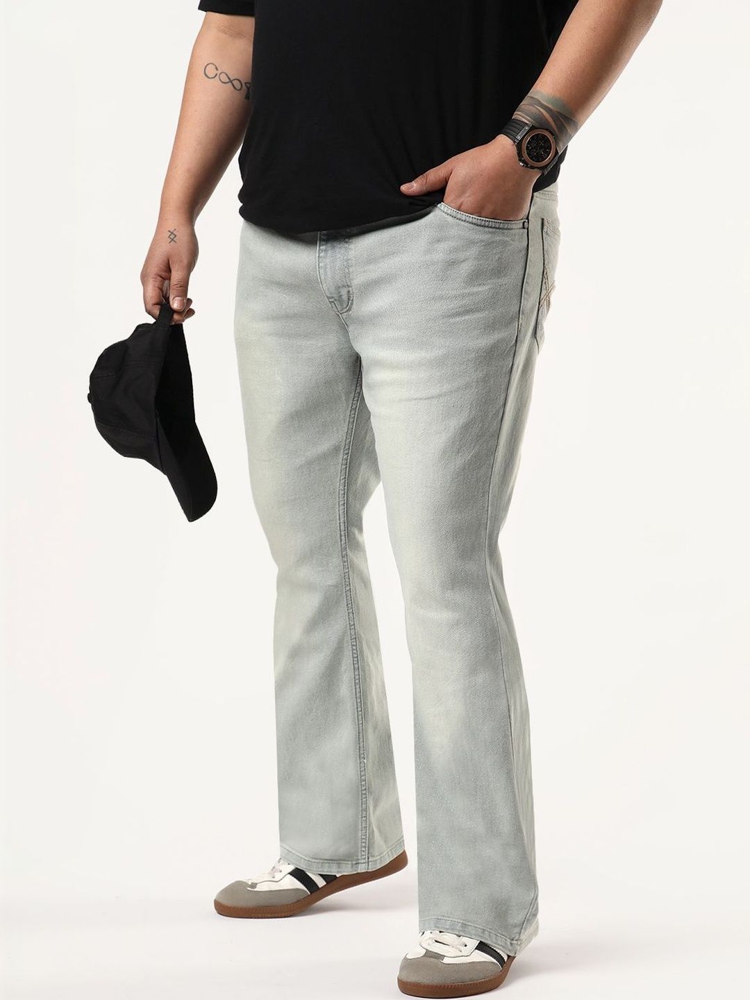 Urbano Plus Men Ice Grey Bootcut Fit Mid Rise Tinted Heavy Washed Stretchable Jeans