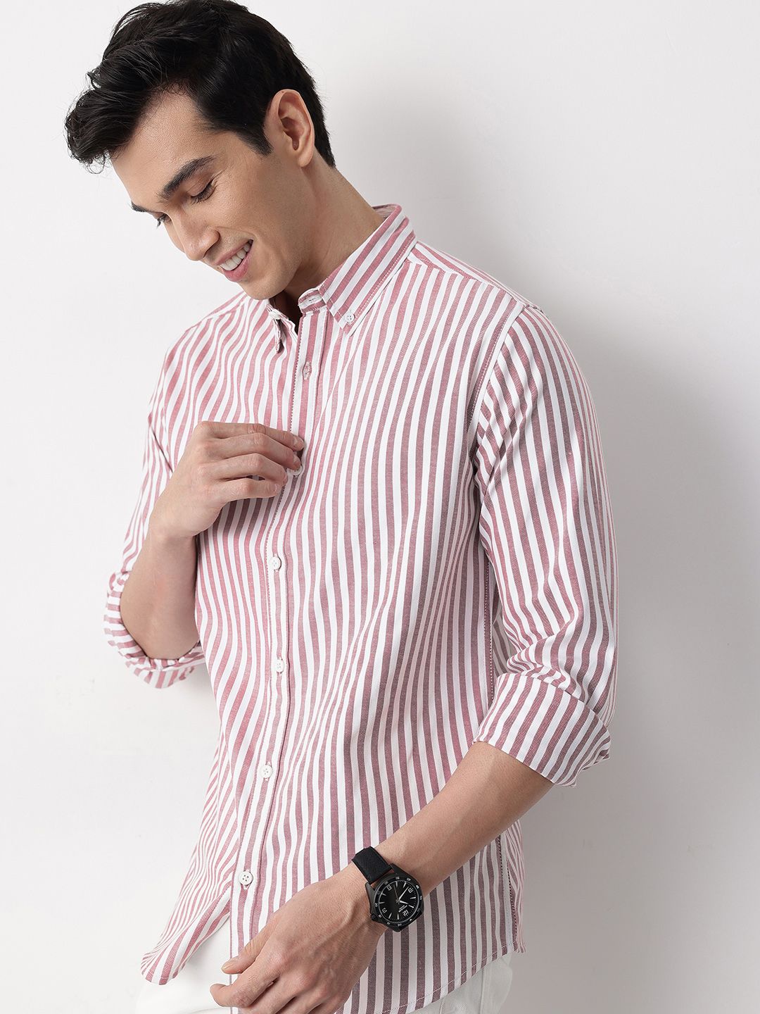 Mast & Harbour Band Collar Striped Casual Shirt