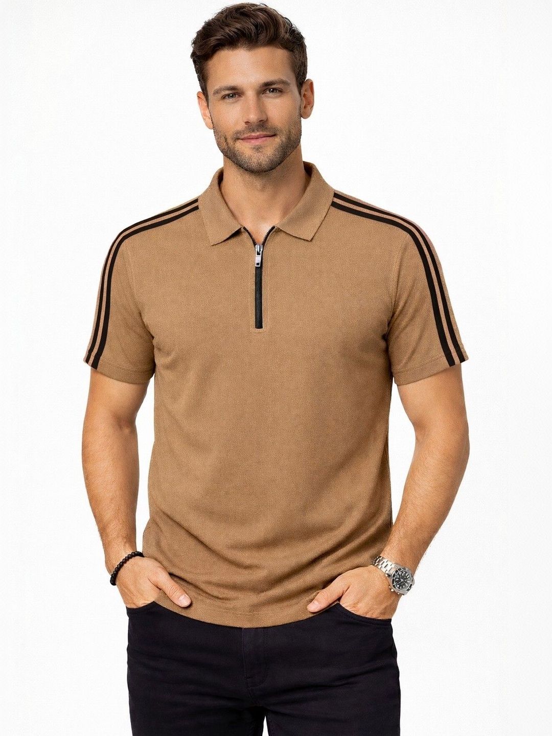 Organic Chics Men Striped Polo Collar Dri-FIT Slim Fit T-shirt