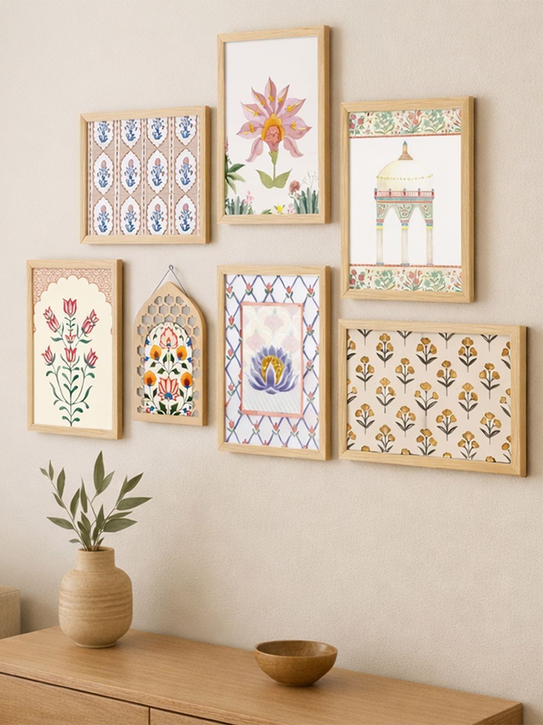 Art Street Art Street Multicolour 7 Piece Floral Mughal Rajasthani Botanical Wall Art Paintings