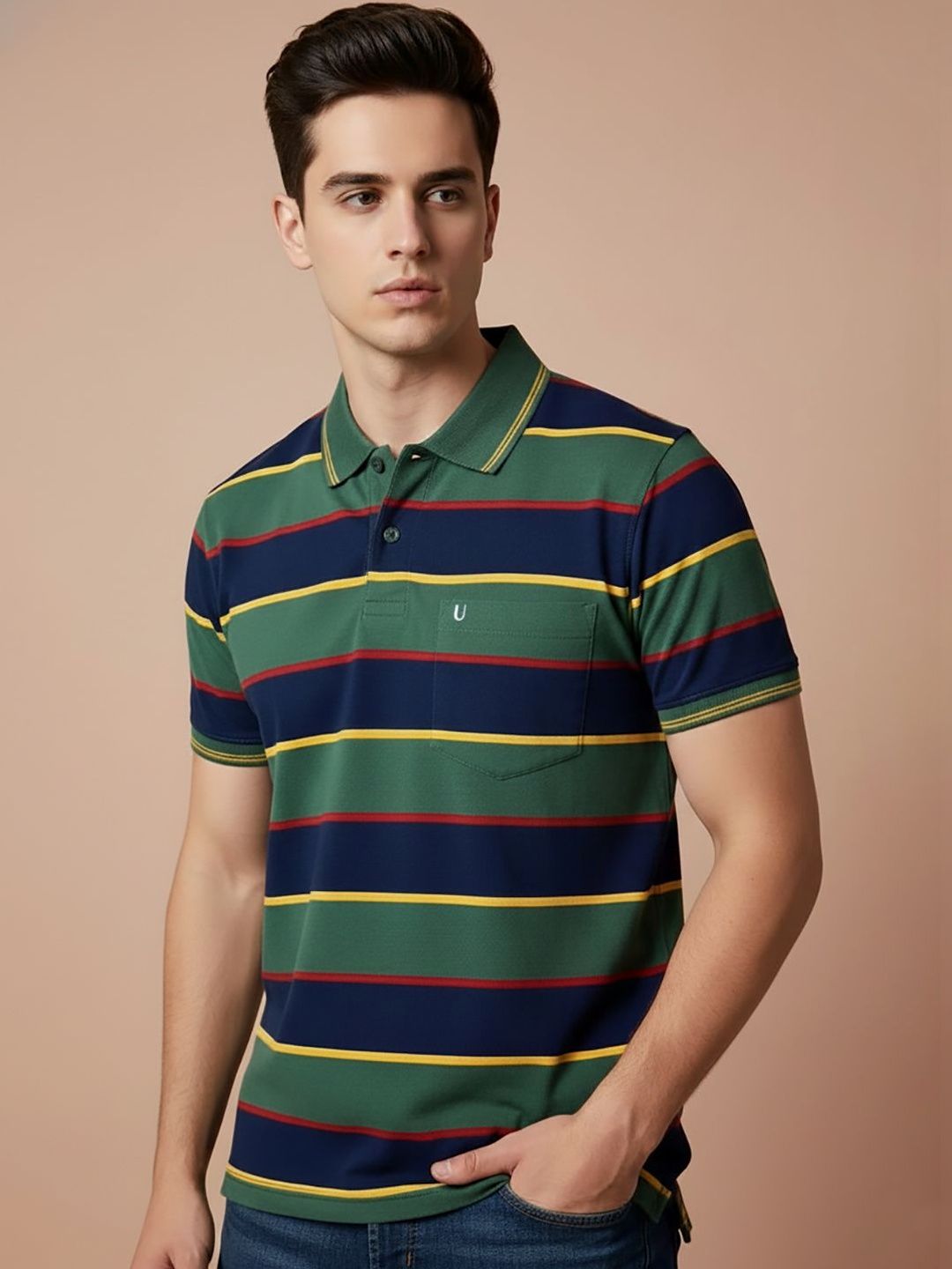 UNIBERRY JEANS Men Striped Polo Collar Pockets T-shirt