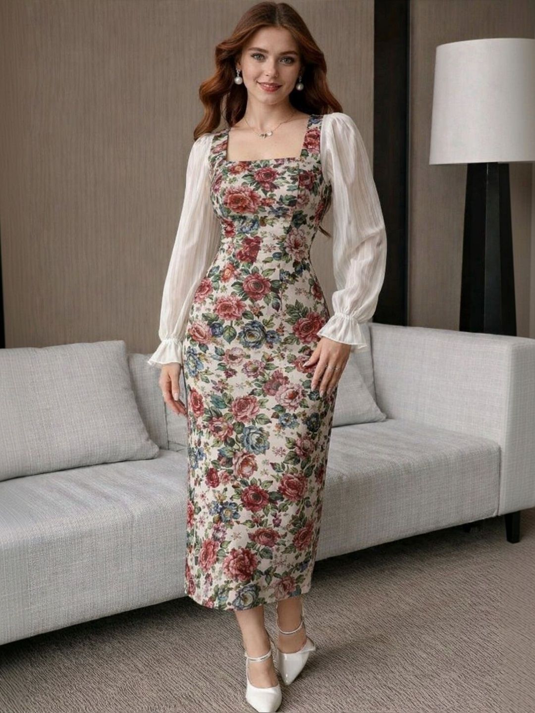 KI STUDIO Floral Print Puff Sleeve Sheath Midi Dress