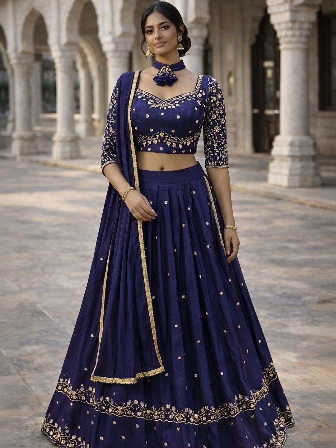 NANCY DESIGNER Embroidered Thread Work Lehenga & Semi-Stitched Blouse With Dupatta