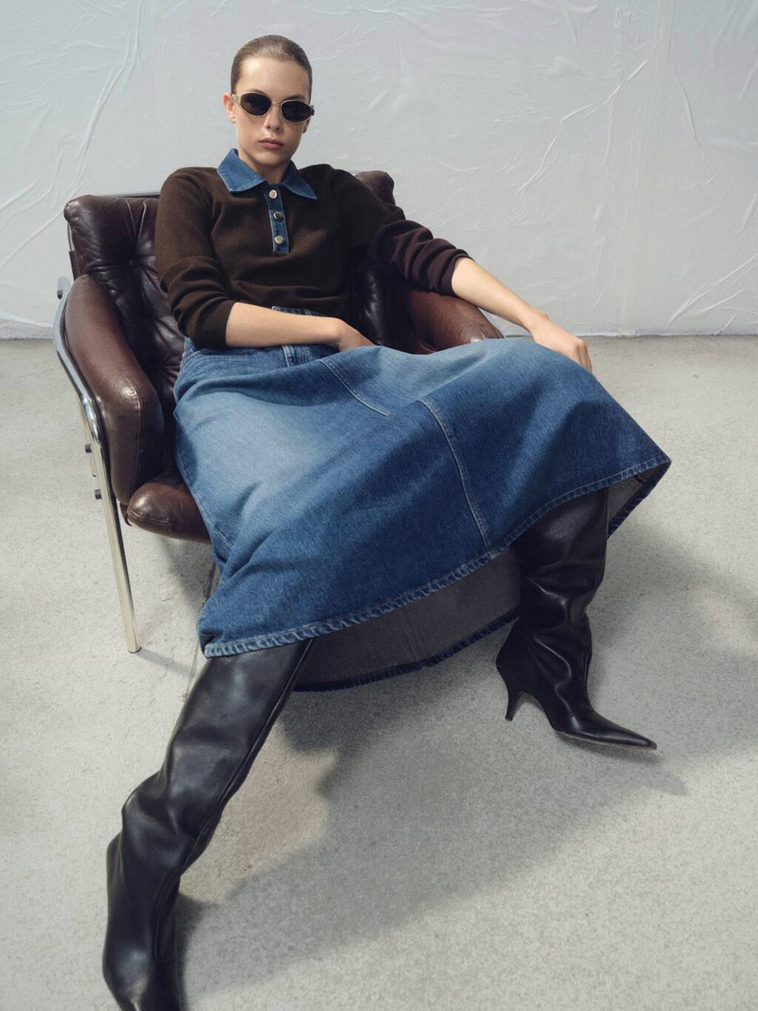 Mid-Rise Washed Flared Denim Midi Skirt