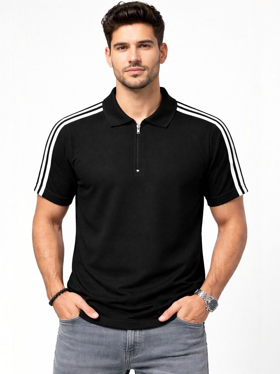 Organic Chics Men Striped Polo Collar Dri-FIT Slim Fit T-shirt
