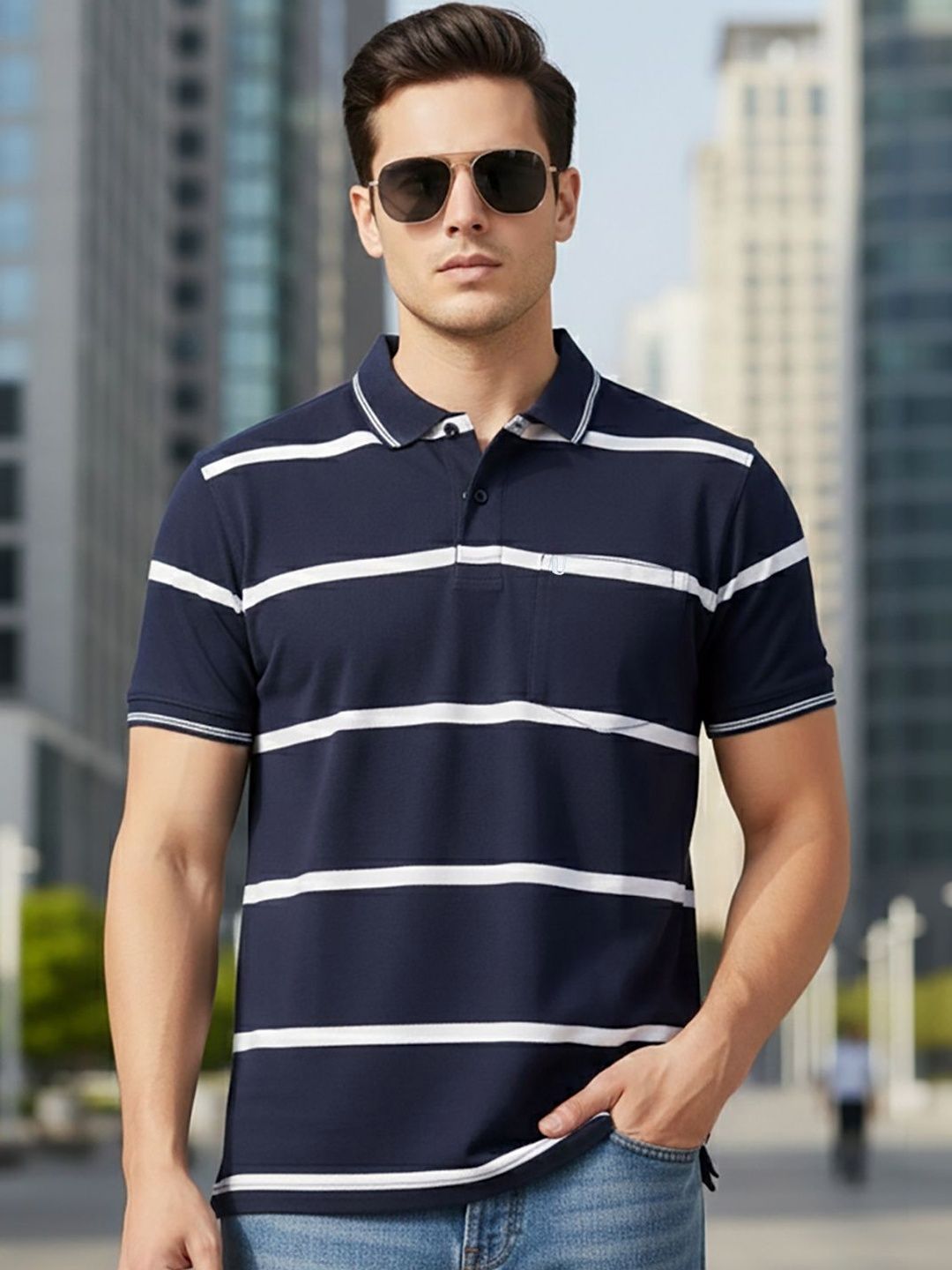 UNIBERRY JEANS Men Striped Polo Collar Pockets T-shirt