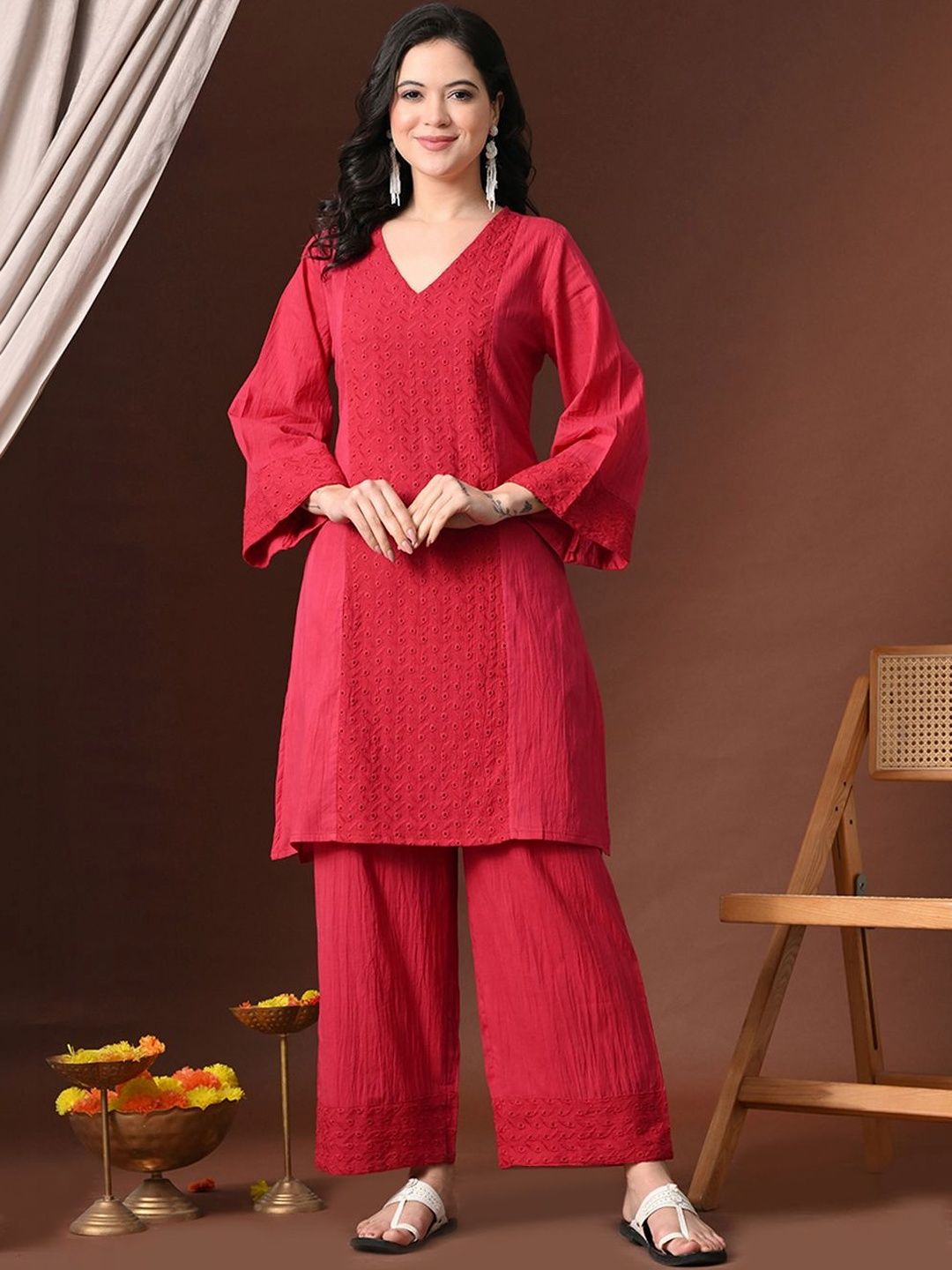 Sangria Embroidered Round Neck Tunic & Trousers Co-Ords Set