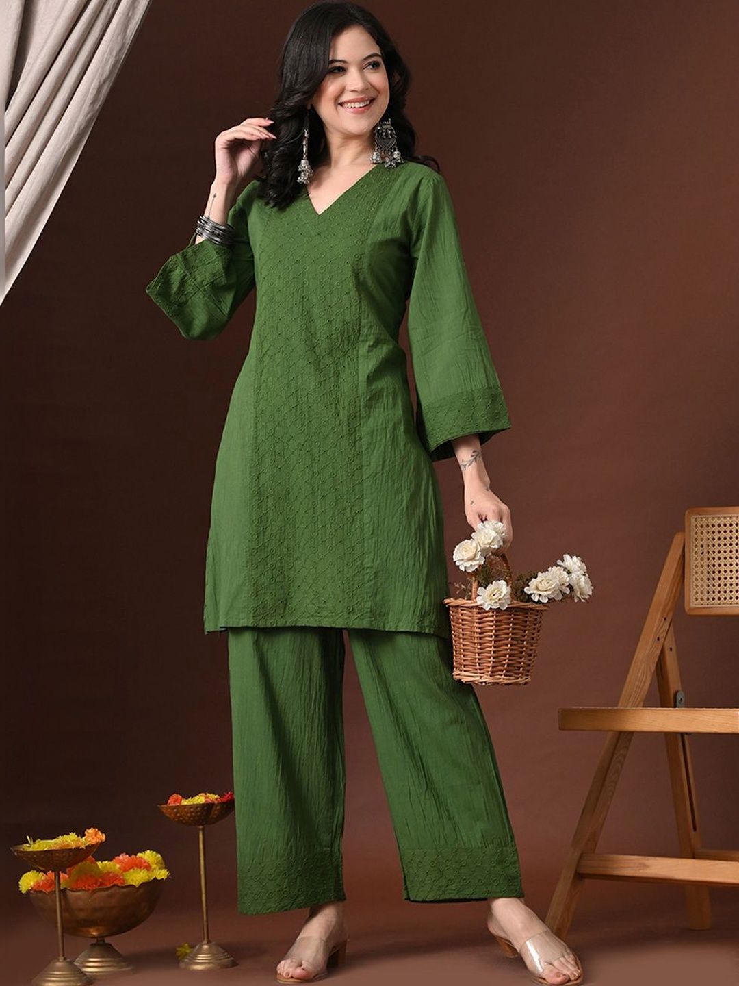 Sangria Embroidered V Neck Tunic & Trousers Co-Ords Set