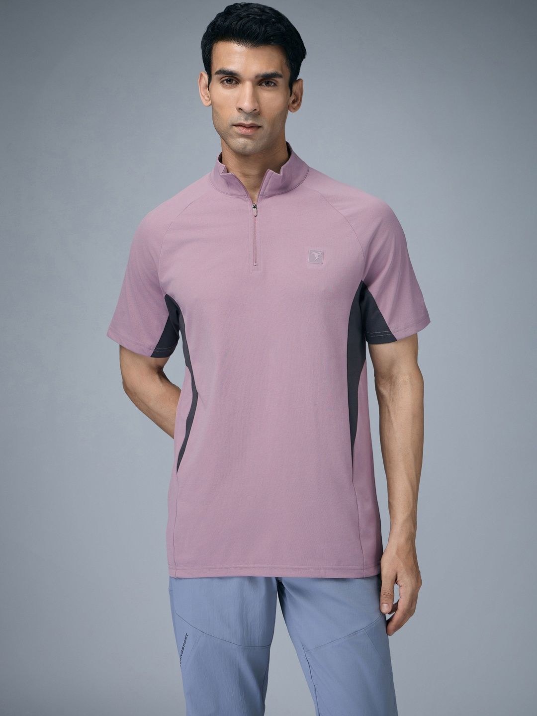 Technosport Men Brand Logo Colourblocked Mandarin Collar Anti Static Slim Fit T-shirt