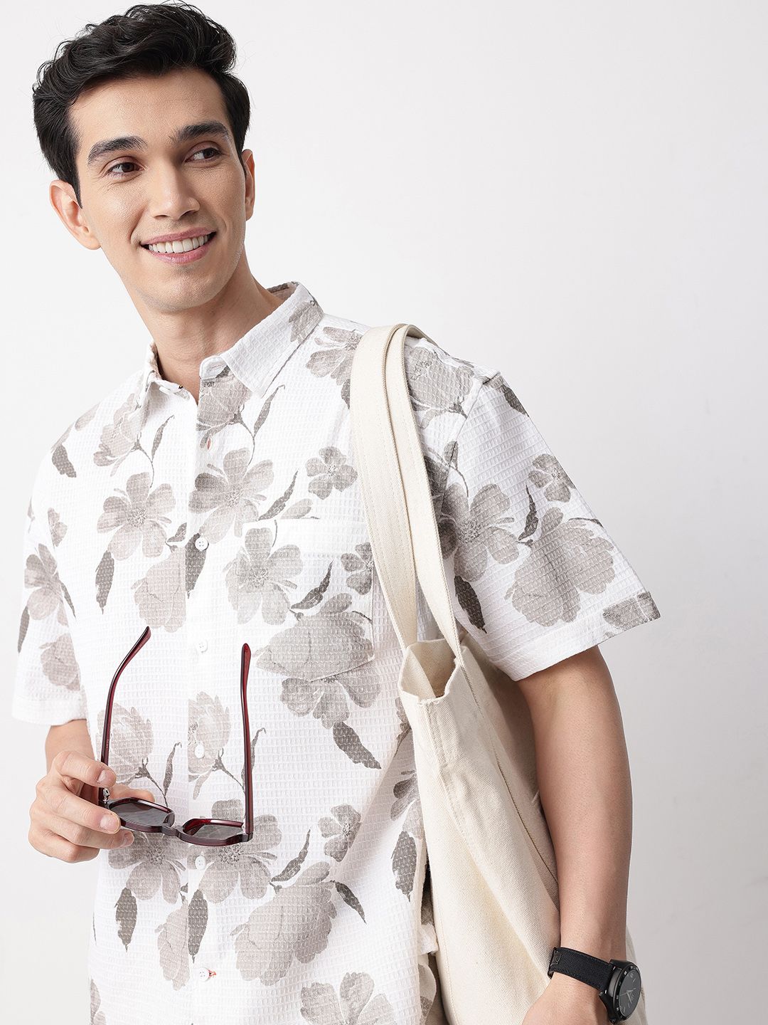 Mast & Harbour Pure Cotton Floral Printed Textured Relaxed Fit Casual Shirt
