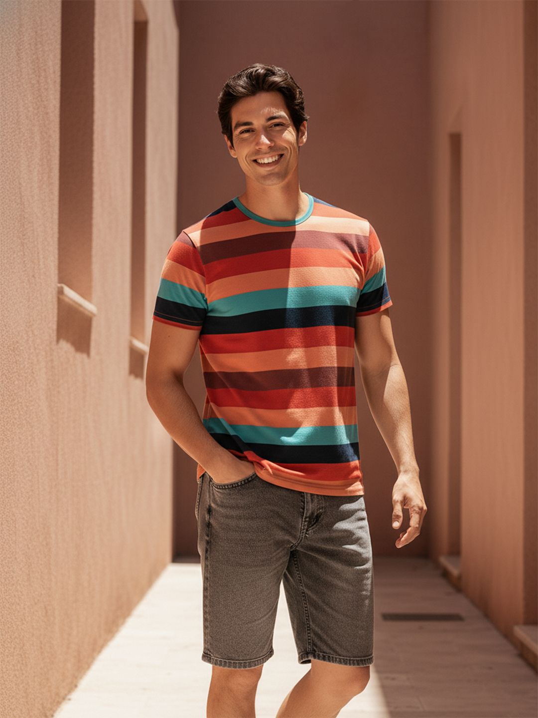 Mast & Harbour Men Multicoloured Striped Round Neck T-shirt