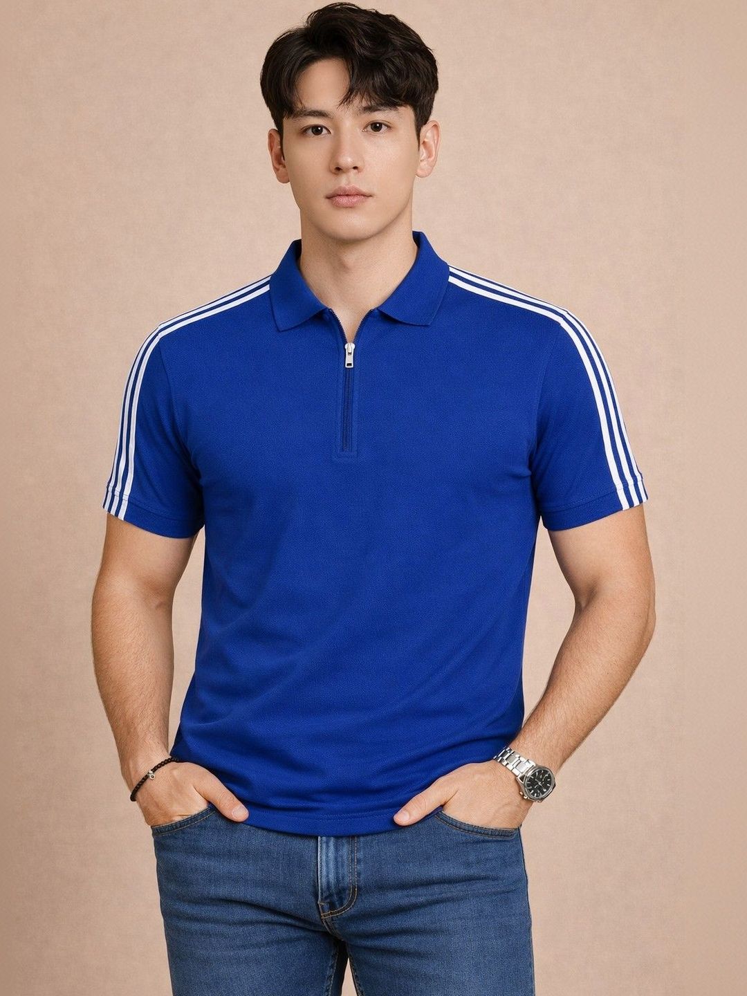 Organic Chics Organic Chics Men Striped Polo Collar Dri-FIT Slim Fit T-shirt