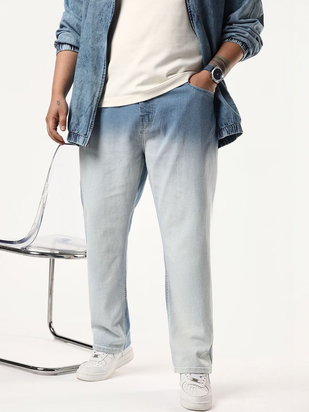 Urbano Plus Men Ice Blue Straight Fit Heavy Washed Faded Denim Stretchable Jeans