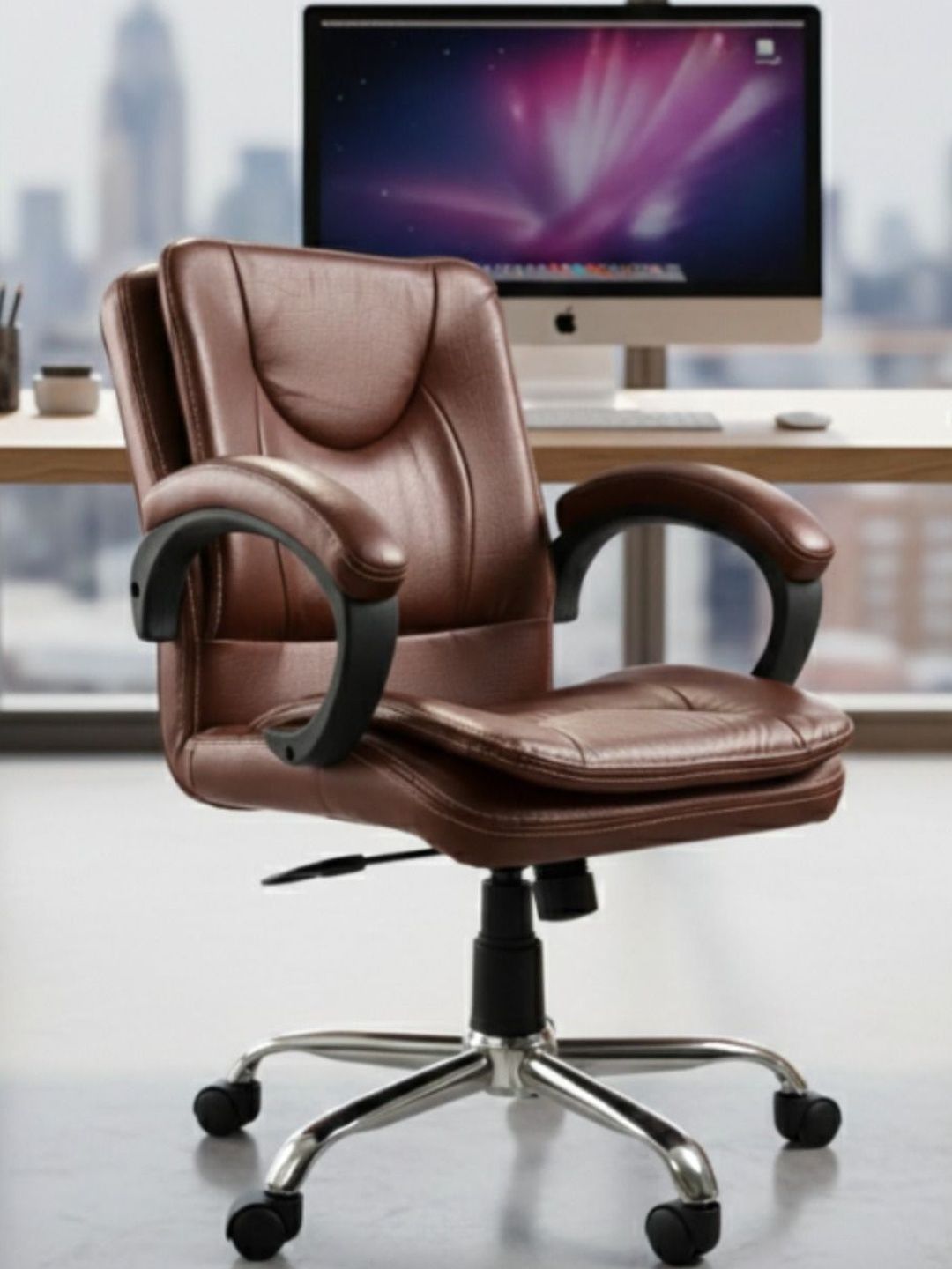 Adiko Tan & Brown Textured Adjustable Seat Height Low Back Study Arm Chair