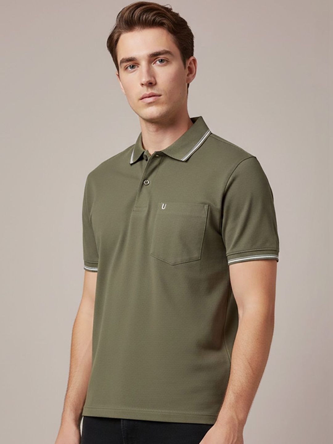 UNIBERRY JEANS Olive Green Men Brand Logo Polo Collar T-shirt