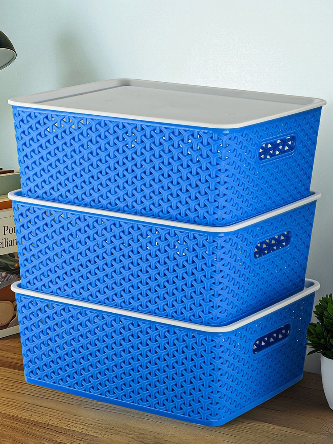 Myntra Elegant Homes 3 Pcs Blue & white Storage Basket Desk Organisers with Lid & Handle