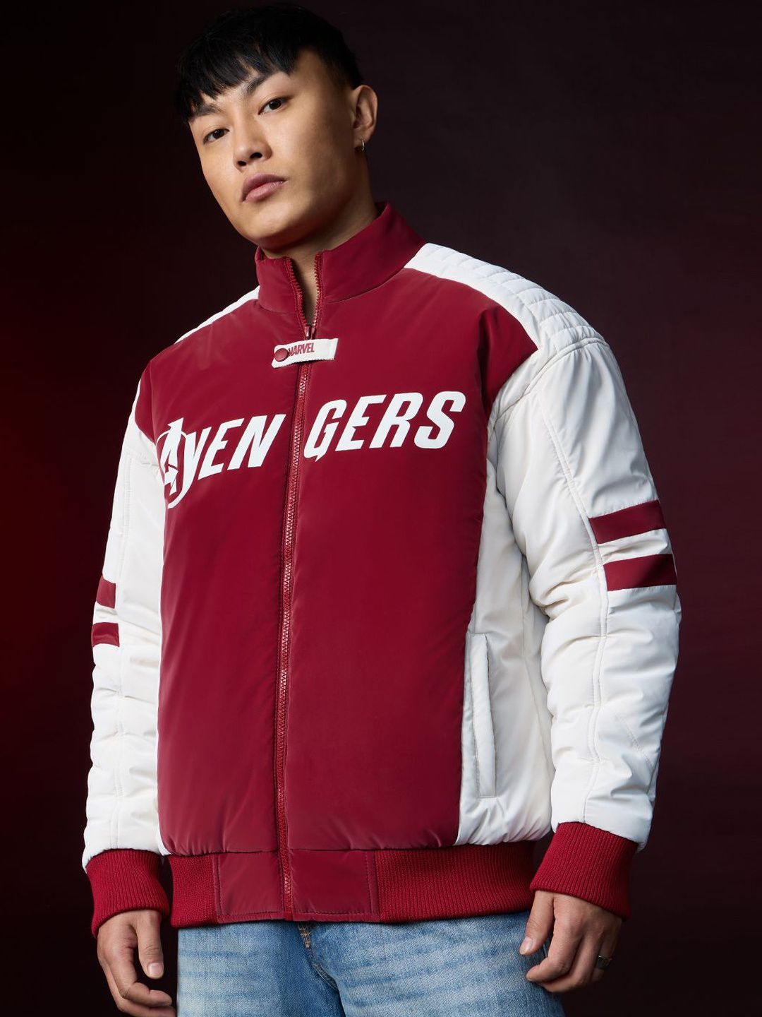 The Souled Store Men Regular Fit Avengers Printed Red Puffer Jackets