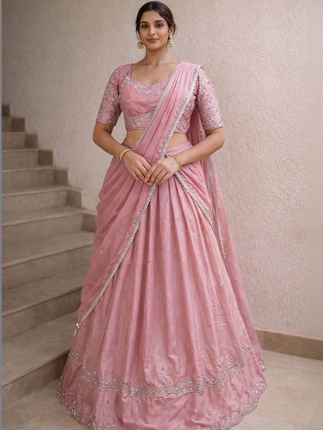 NANCY DESIGNER Embroidered Thread Work Ready to Wear Lehenga & Blouse With Dupatta