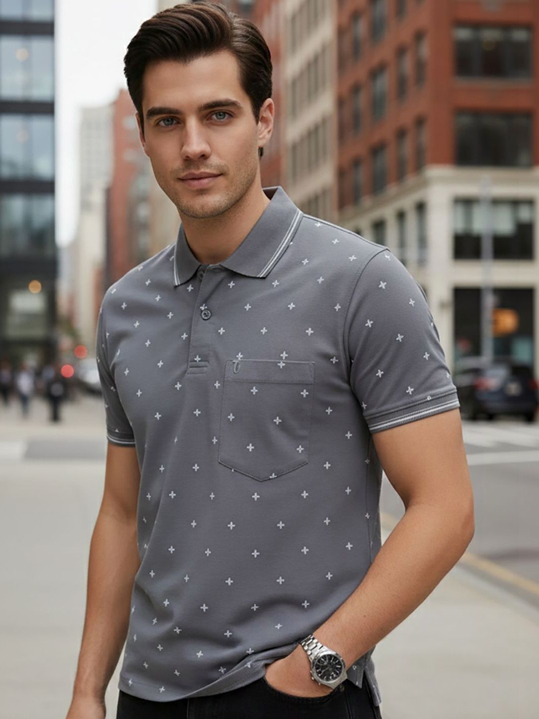 UNIBERRY JEANS Men Printed Polo Collar Pockets T-shirt