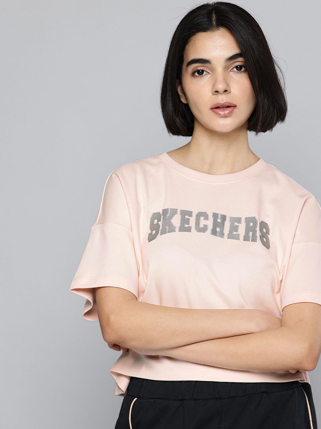 Skechers Brand Logo Printed Drop-Shoulder Sleeves Boxy Pure Cotton T-shirt