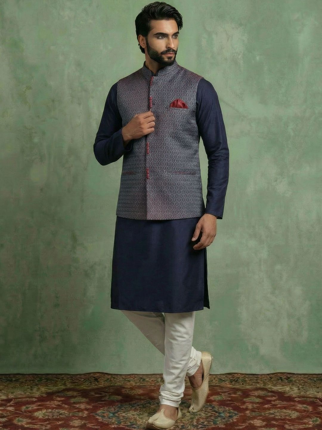 KISAH Men Maroon Mandarin Collar Woven Design Jacket