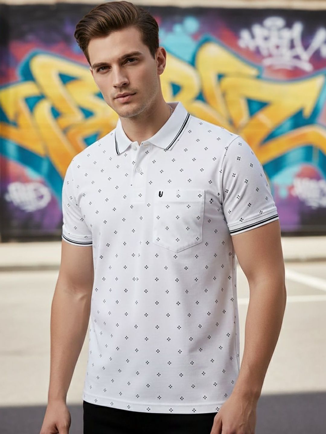 UNIBERRY JEANS Men Printed Polo Collar Pockets T-shirt