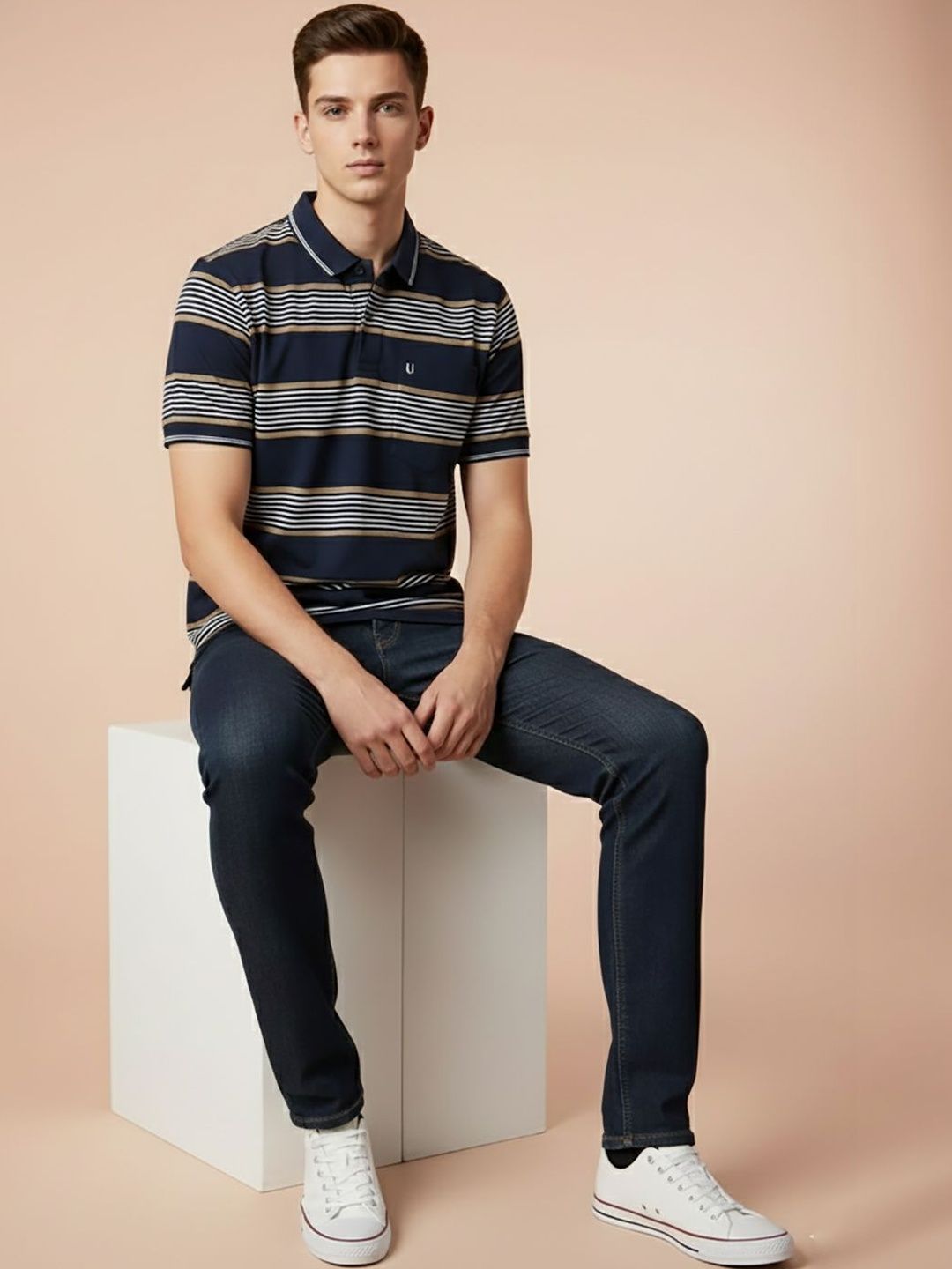 UNIBERRY JEANS Men Striped Polo Collar Pockets T-shirt