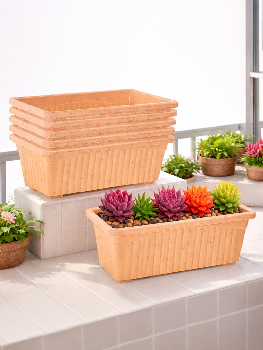 Kuber Industries Marble Jupitar Beige 6 Pieces Rectangular Break-Resistant Flower Pots