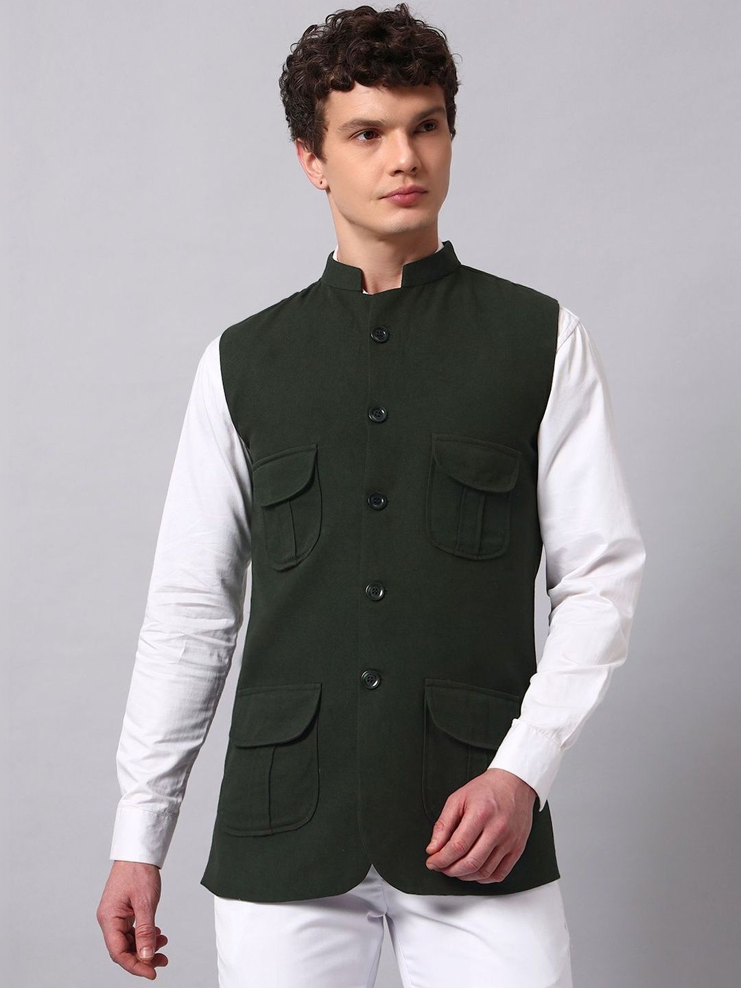 NATURE CRAFT Woven Mandarin Collar Nehru Jackets