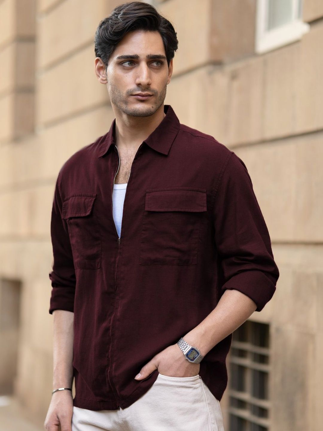 Powerlook Wine Linen Blend Zipper Shirt