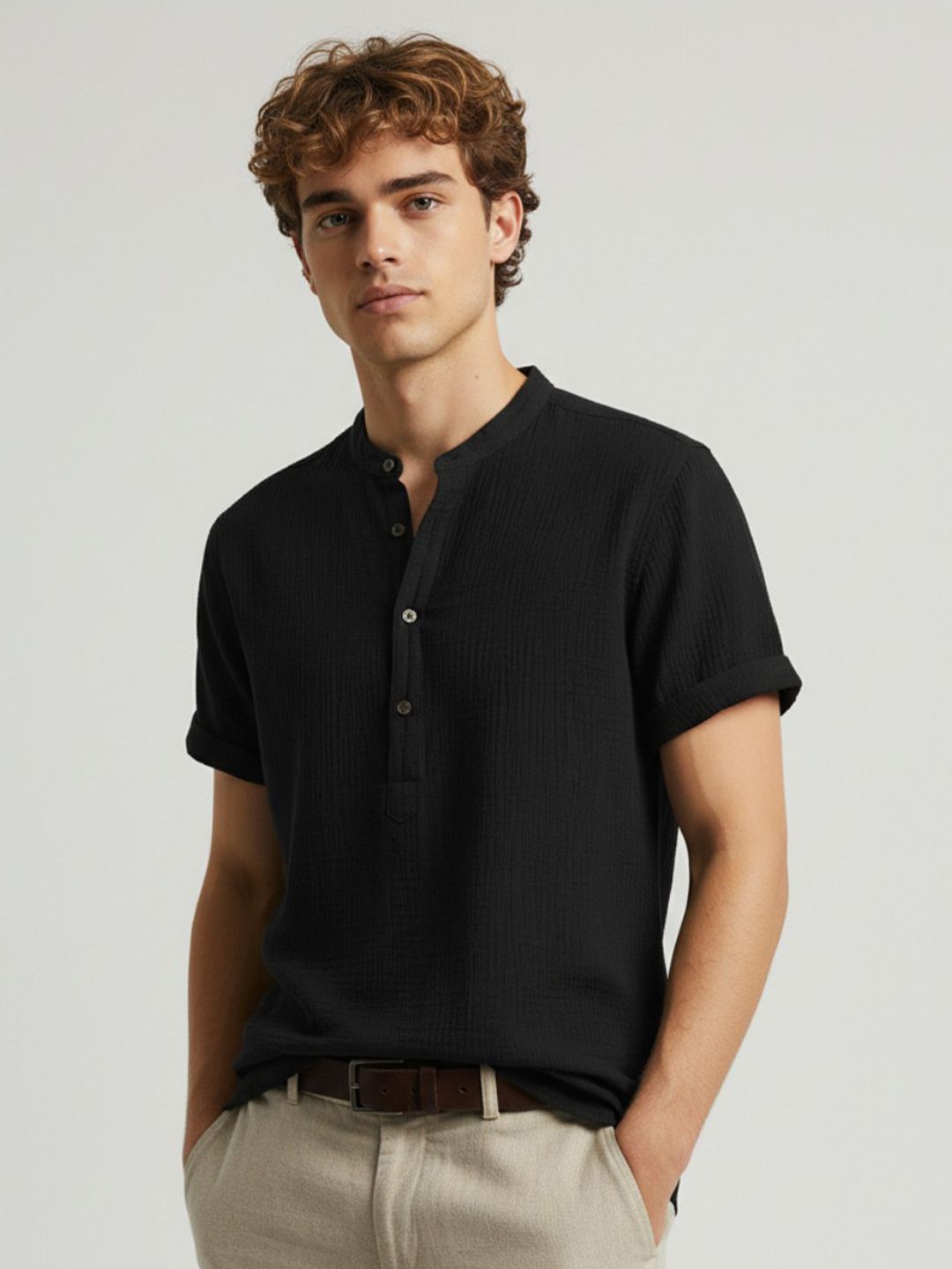 LERIYA FASHION Men Mandarin Collar Roll-Up Sleeves Organic Cotton T-shirt