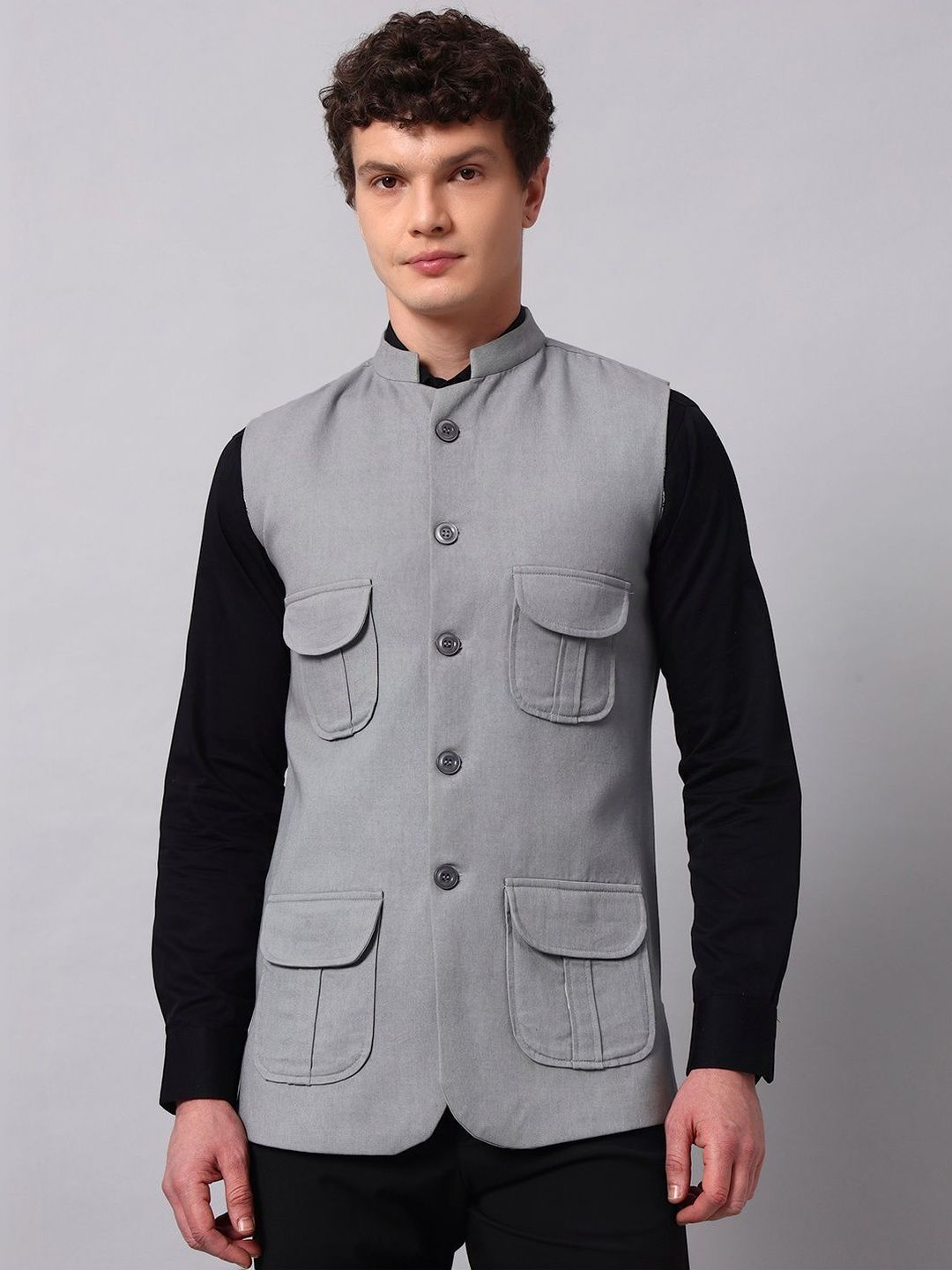 NATURE CRAFT Woven Mandarain Collar Nehru Jackets