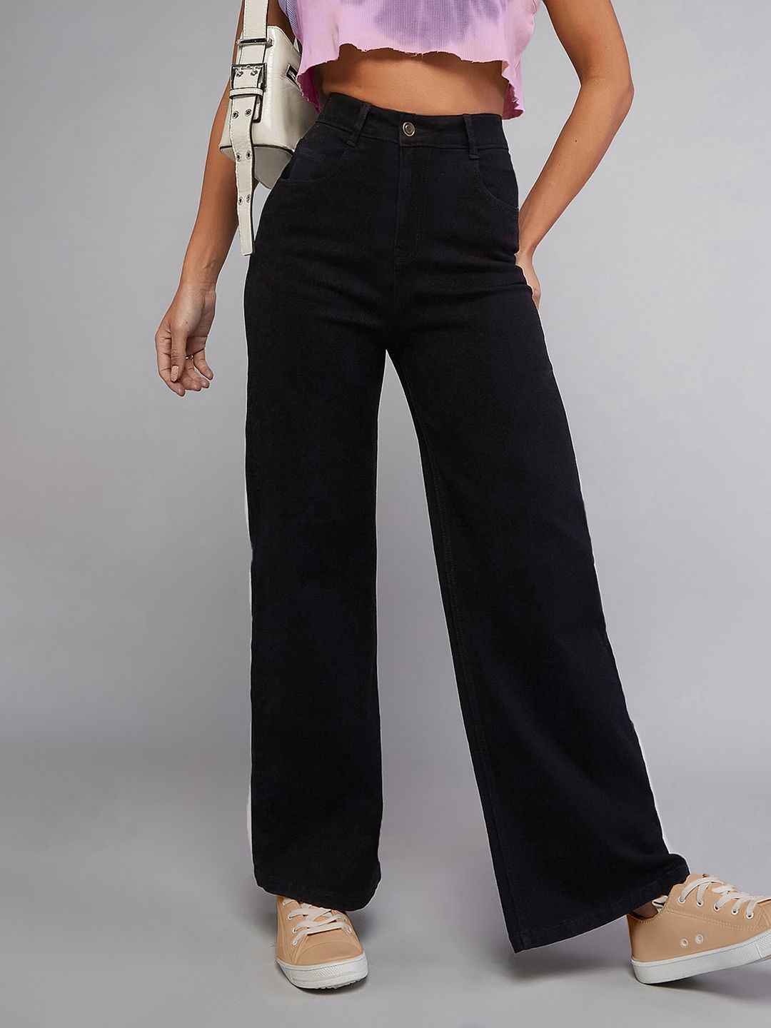 DOLCE CRUDO Women Wide Leg High Rise Clean Look Stretchable Denim Jeans