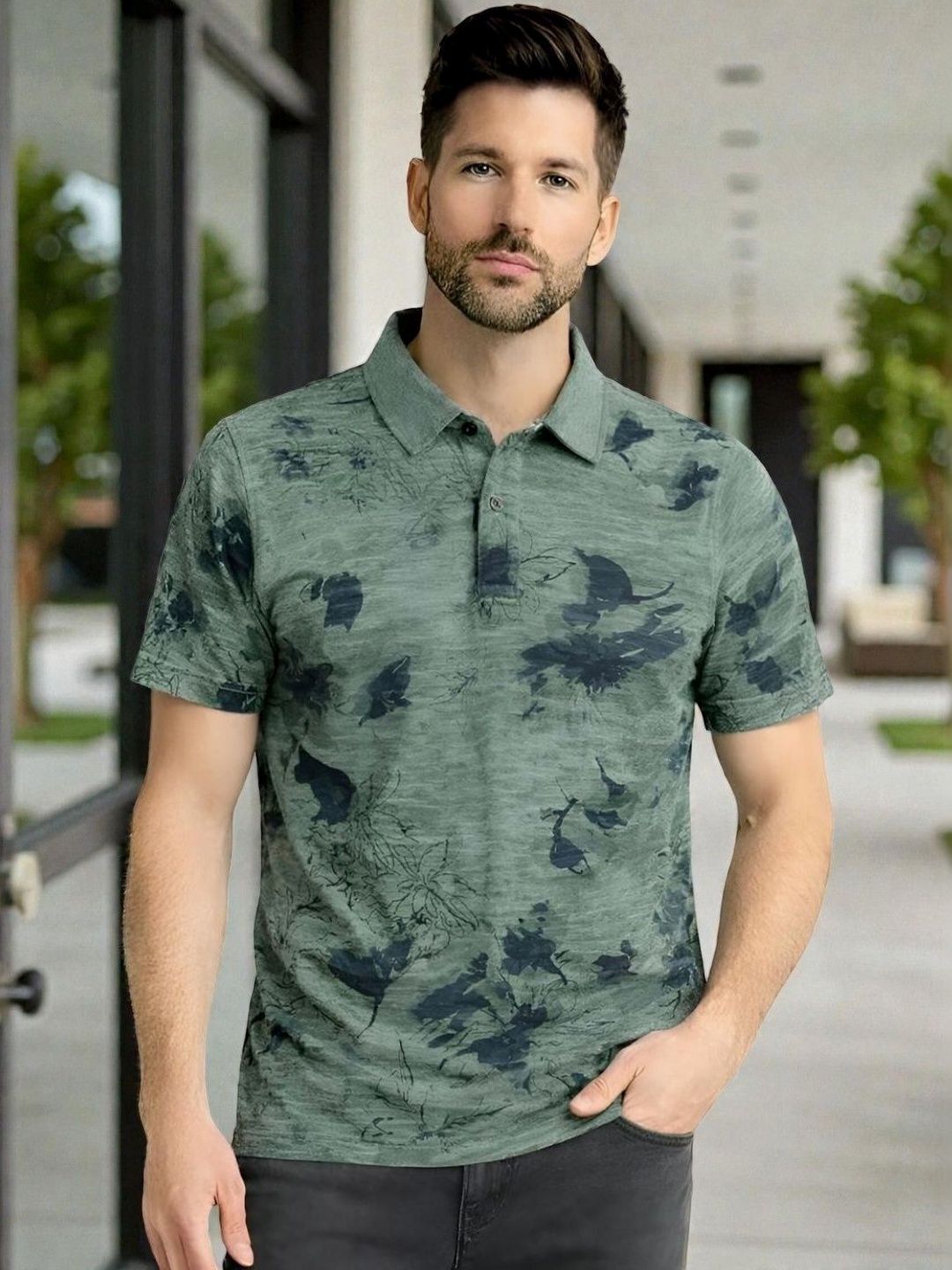 Kryptic Men Overdyed Pure Cotton Floral Printed Polo Collar T-shirt