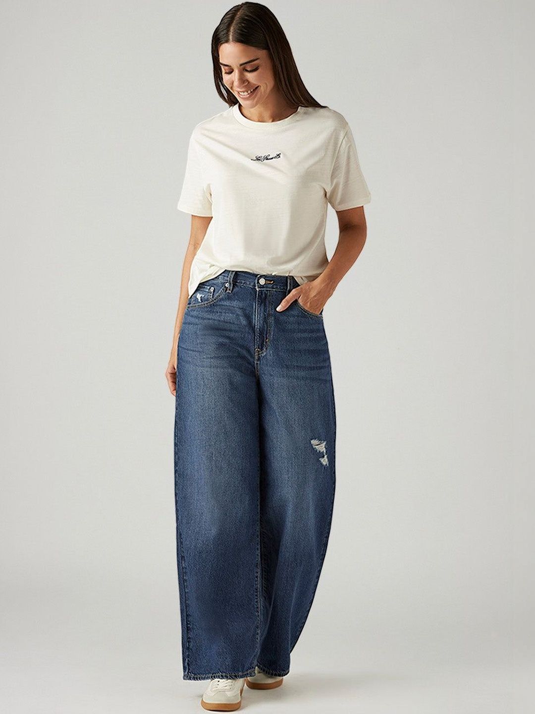Blue Ribcage Wide Leg Fit High Rise Jeans