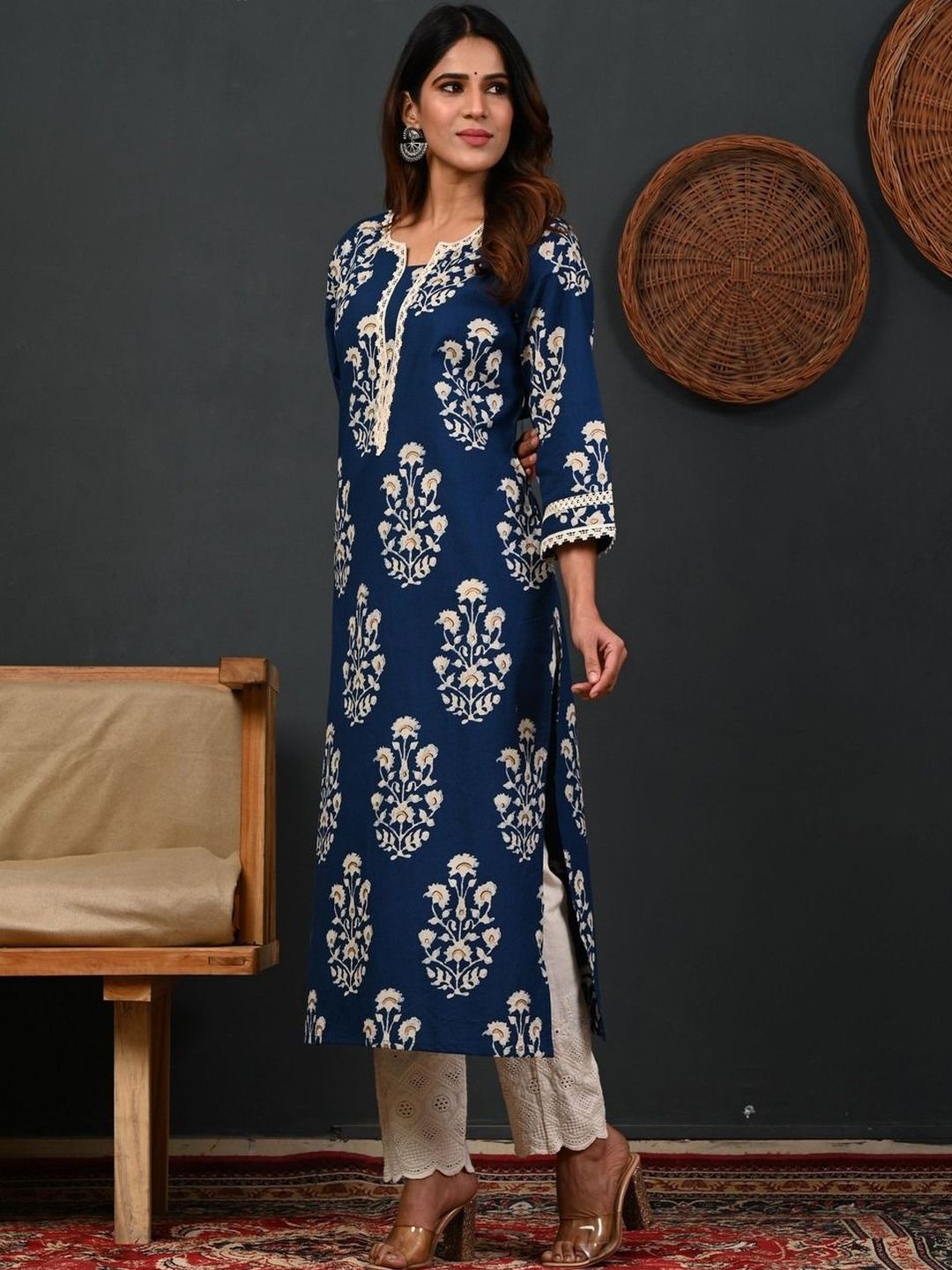 lavandis Floral Printed Boat Neck Pure Cotton Blend Kurti