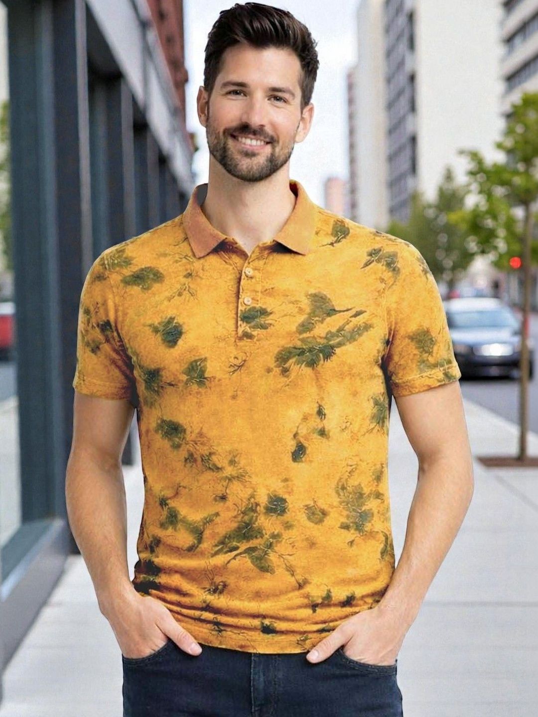Kryptic Men Overdyed Pure Cotton Floral Printed Polo Collar T-shirt