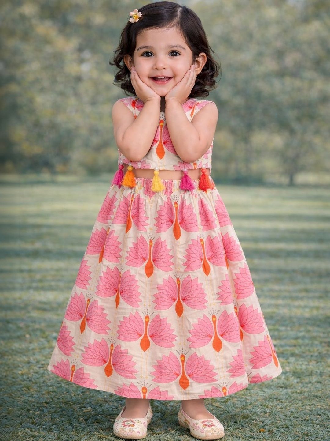 Pspeaches Baby Girls Off White Peacock Cotton Lehenga Choli Set
