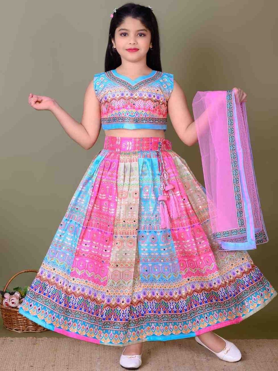 KALINI Girls Printed Mirror Work Ready to Wear Lehenga & Blouse With Dupatta