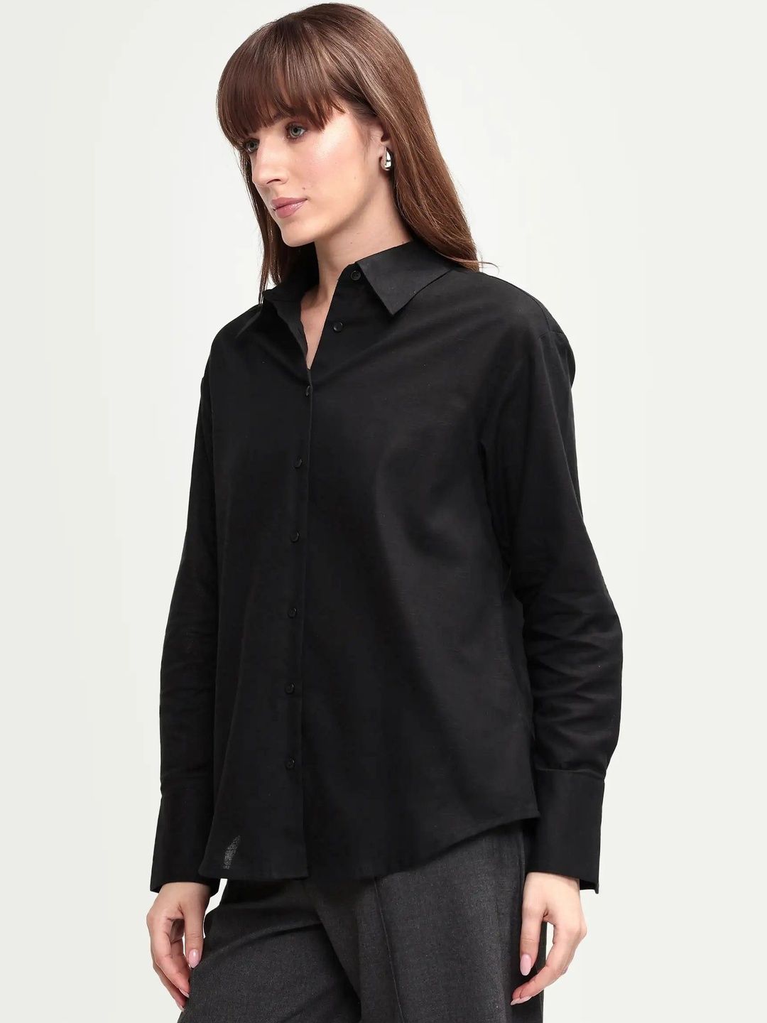 Women Mewok Shirt RAREISM Women Black Regular Plain Full Sleeve Spread Collar Shirt