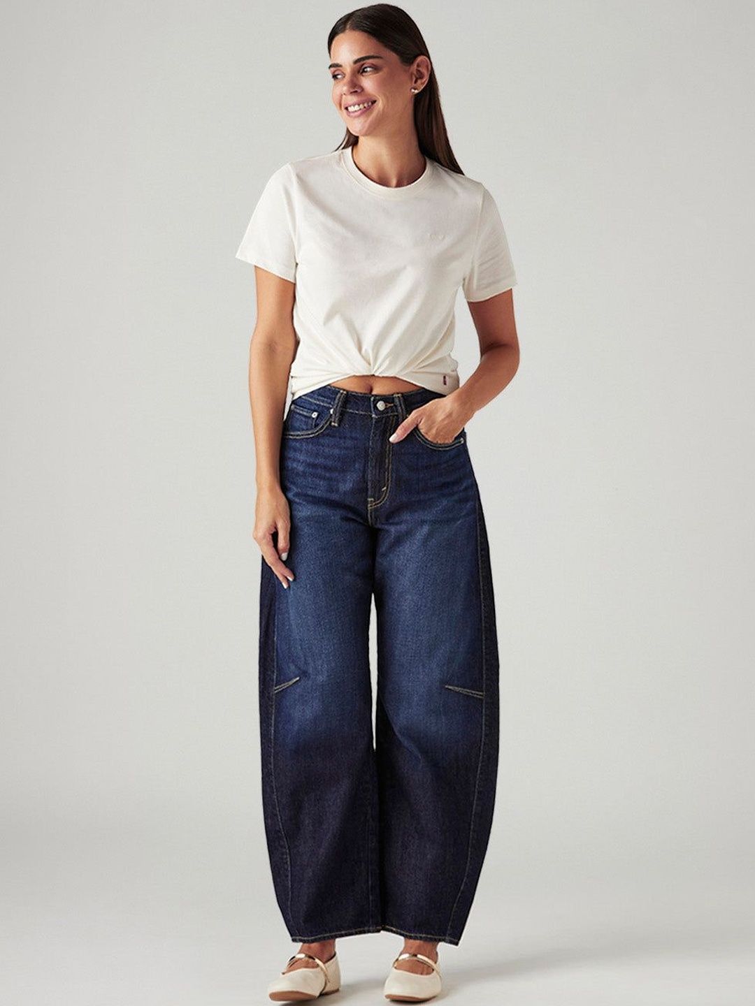Navy Loose Fit Mid Rise Baggy Dad Barrel Jeans