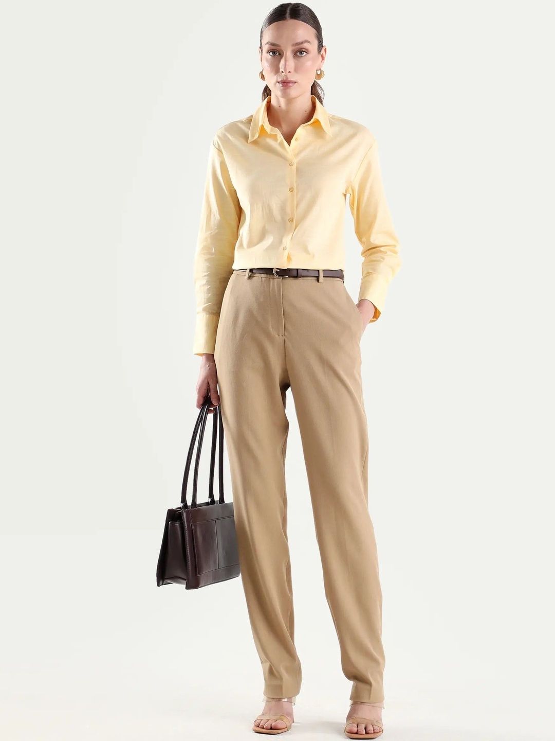 Women Mewok Shirt RAREISM Women Yellow Regular Plain Full Sleeve Spread Collar Shirt