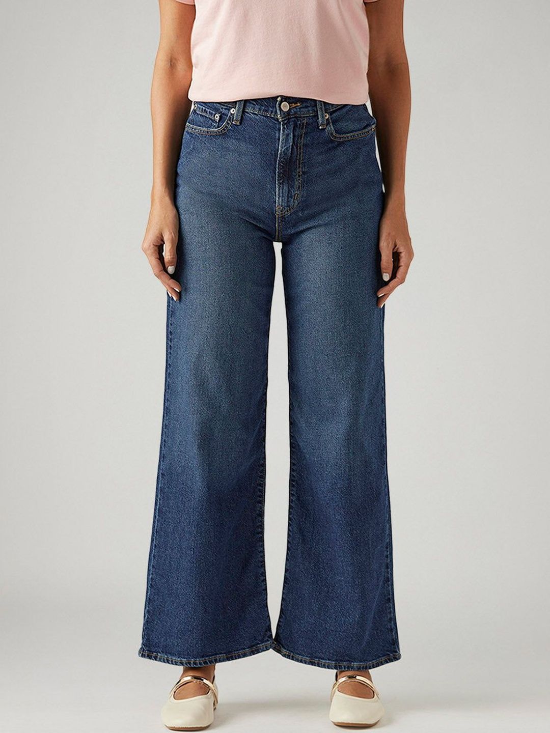 Blue Ribcage Wide Leg Fit High Rise Jeans