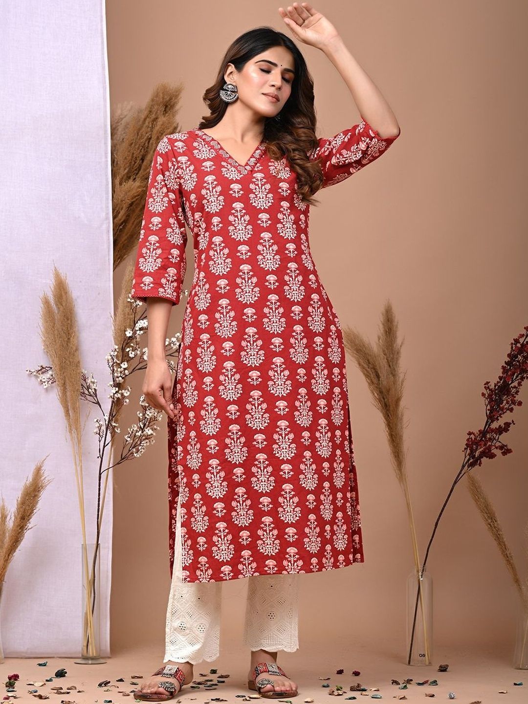 lavandis Floral Printed V-Neck Thread Work Pure Cotton Blend Thread Work Kurti