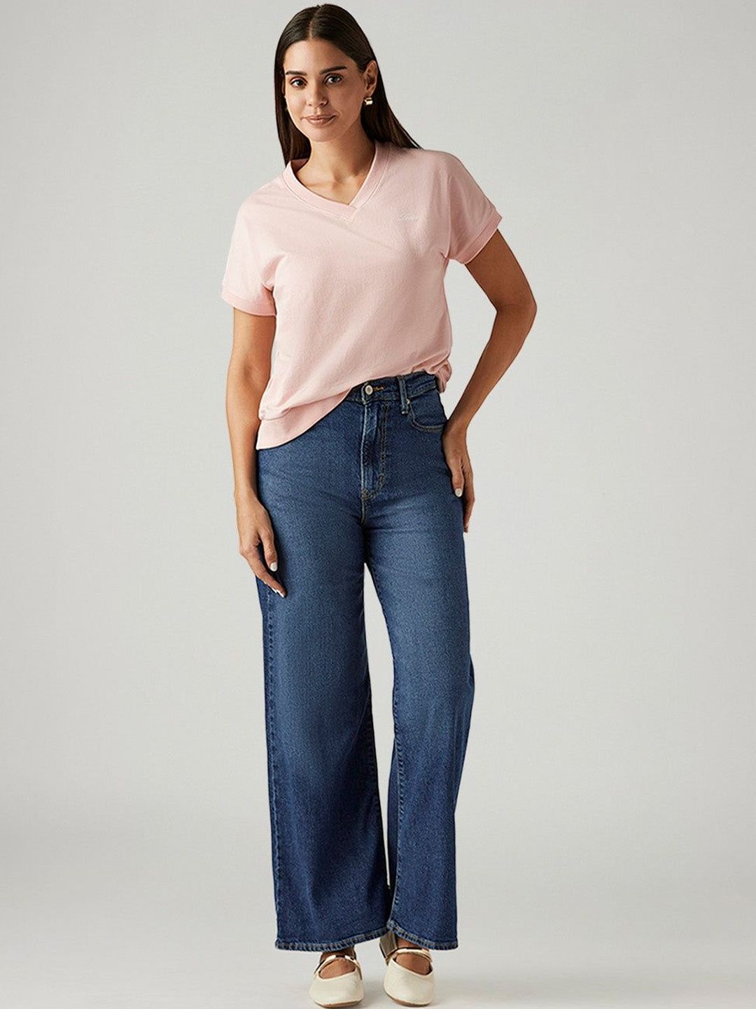 Blue Ribcage Wide Leg Fit High Rise Jeans