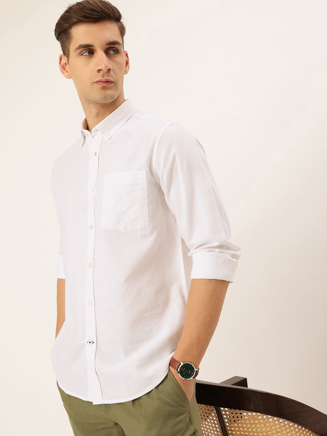 Nautica Classic Slim Fit Button-Down Collar Cotton Linen Casual Shirt
