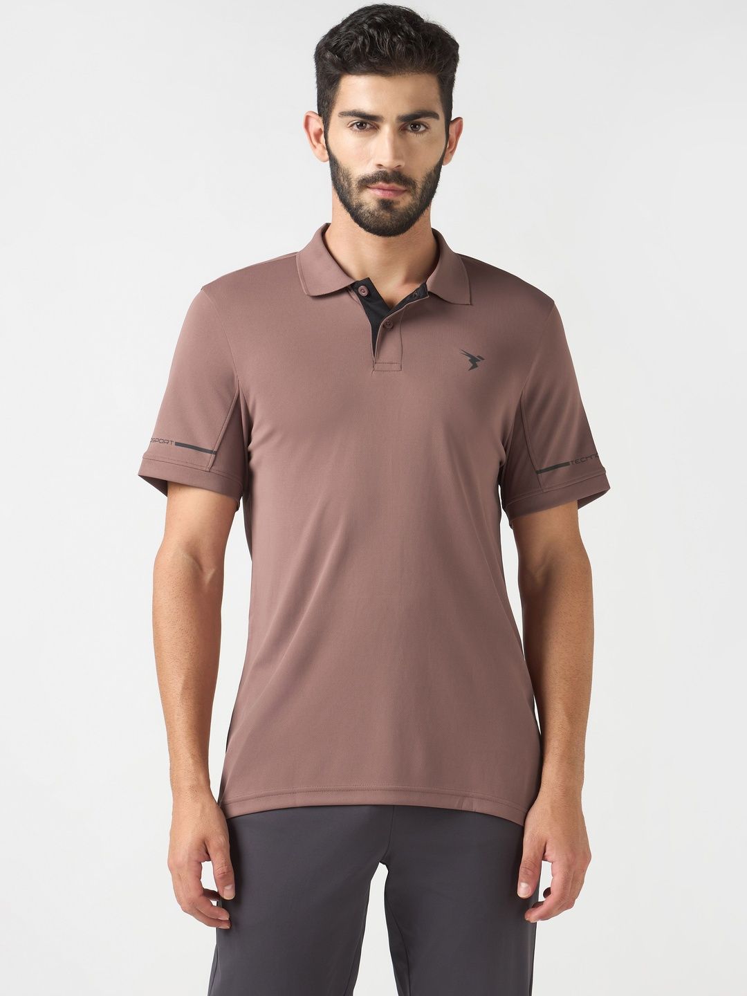 Technosport Men Brand Logo Polo Collar Anti Static Pockets Slim Fit T-shirt
